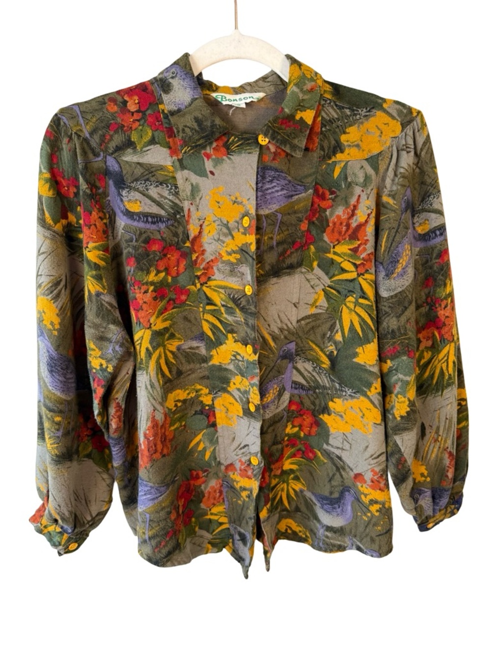Benson Vintage 90s Floral Bird Button-Up Blouse in Olive & Mustard Size 9 Boho